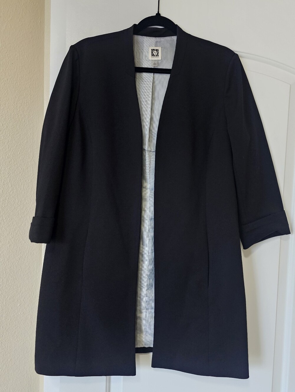 Womens L Anne Klein Blazer Open Front Career Pockets Long 3/4 Sleeves Business b